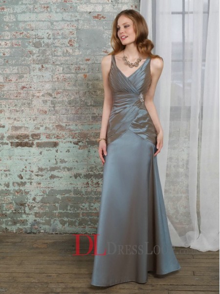 Classic Taffeta Silver Gray V-Neck Party Dress With Crystal Beaded Embellishment