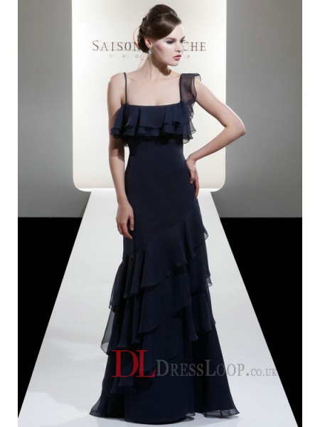 Elegant Chiffon Spaghetti Straps Ruffled Shoulder Bodice A-Line Bridesmaid Dress