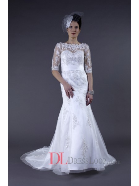A-Line Batteau neckline Bridal Gown with Batteau Neckline