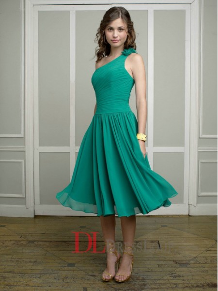Modern One-Shoulder Chiffon Party Dress With Pleated Bodice Floaty Skirt And Flower Embellishments